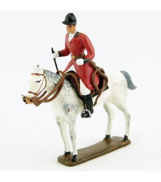 cavalier, redingote rouge,avec cravache sur cheval blanc debout