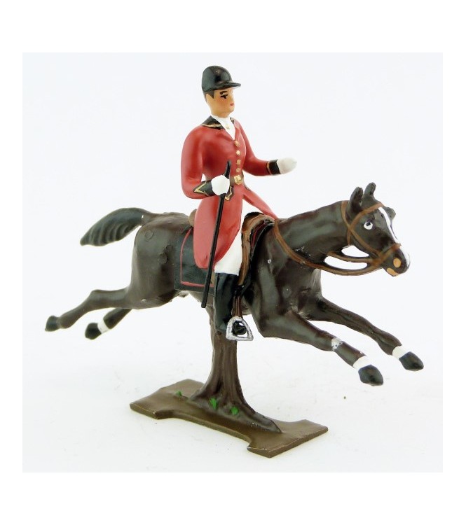 cavalier avec cravache sur cheval marron (bai) au galop (sur tronc)