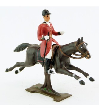 cavalier avec cravache sur cheval marron (bai) au galop (sur tronc)