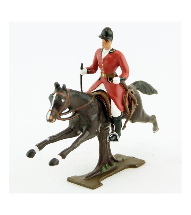 cavalier avec cravache sur cheval marron (bai) au galop (sur tronc)