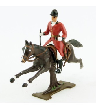 cavalier avec cravache sur cheval marron (bai) au galop (sur tronc)