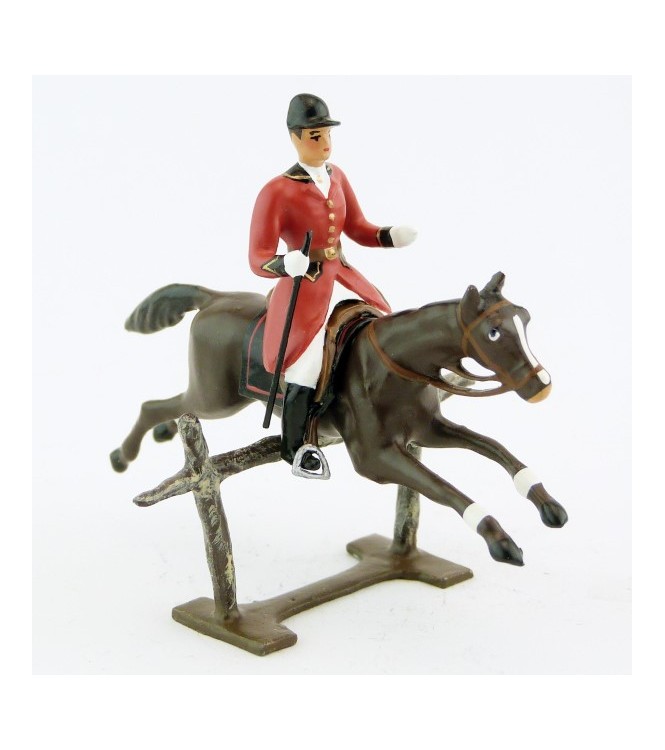cavalier avec cravache sur cheval marron (bai) sautant barrière