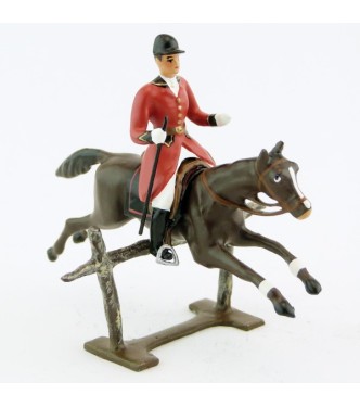 cavalier avec cravache sur cheval marron (bai) sautant barrière