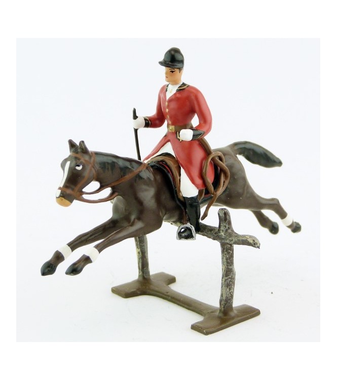 cavalier avec cravache sur cheval marron (bai) sautant barrière