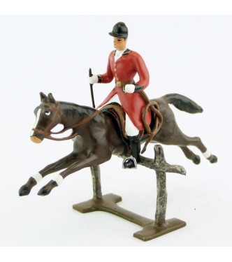 cavalier avec cravache sur cheval marron (bai) sautant barrière
