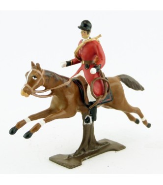 sonneur, trompe autour du corps, sur cheval alezan au galop sur tronc