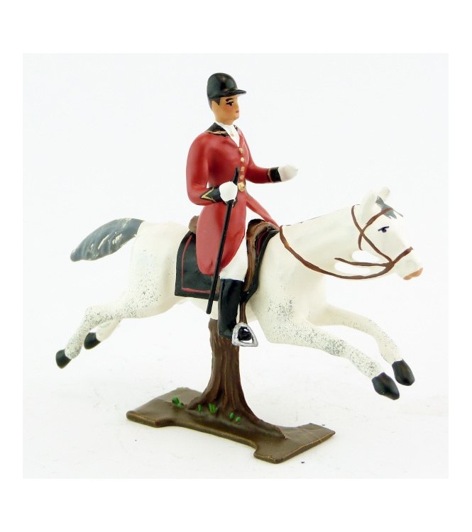 sonneur, trompe autour du corps, sur cheval blanc au galop sur tronc