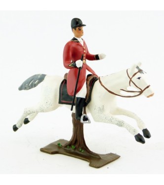 sonneur, trompe autour du corps, sur cheval blanc au galop sur tronc