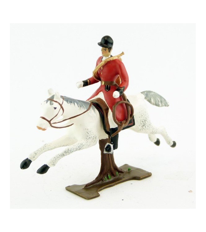 sonneur, trompe autour du corps, sur cheval blanc au galop sur tronc