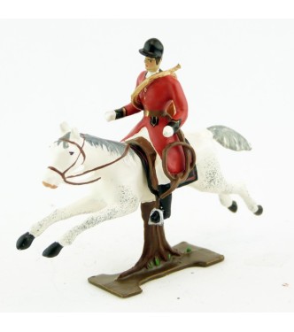 sonneur, trompe autour du corps, sur cheval blanc au galop sur tronc