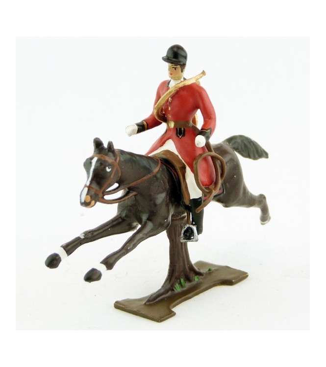 sonneur, trompe autour du corps, sur cheval marron (bai) au galop sur tronc