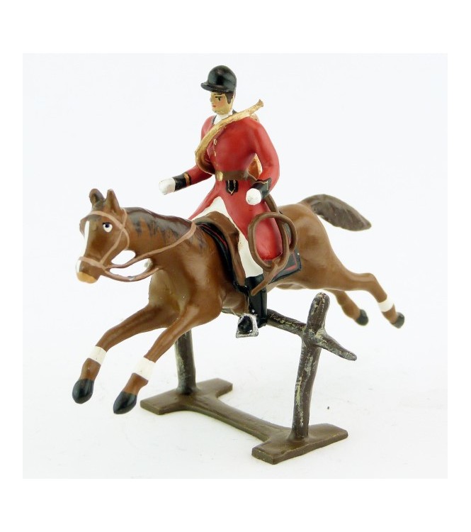 sonneur, trompe autour du corps, sur cheval alezan sautant barrière