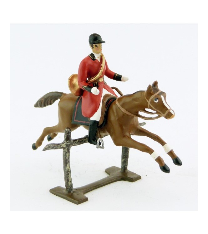 sonneur, trompe autour du corps, sur cheval alezan sautant barrière