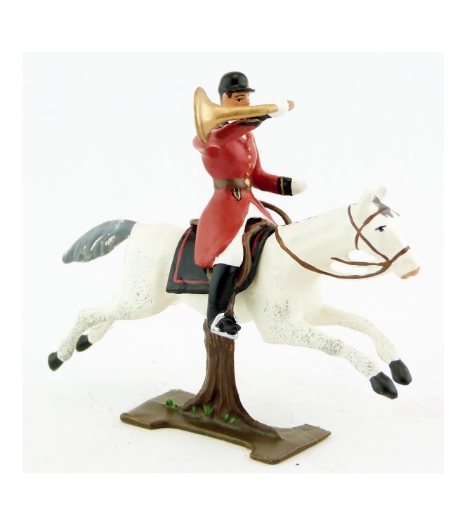 sonneur sonnant de la trompe sur cheval blanc au galop (sur tronc)