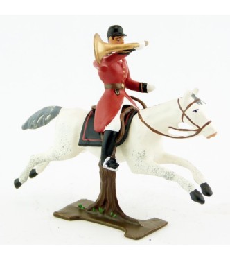 sonneur sonnant de la trompe sur cheval blanc au galop (sur tronc)