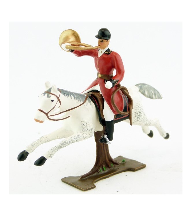 sonneur sonnant de la trompe sur cheval blanc au galop (sur tronc)