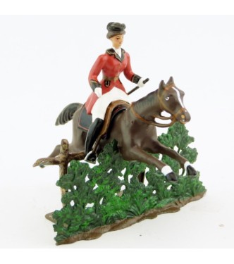 cavalière (cravache) sur cheval marron sautant haie + barrière