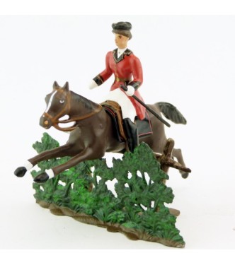 cavalière (cravache) sur cheval marron sautant haie + barrière