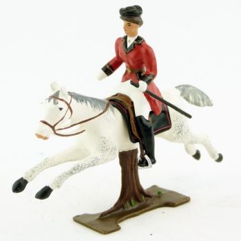 cavalière (cravache), redingote rouge, sur cheval blanc au galop (sur tronc)