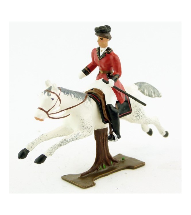 cavalière (cravache), redingote rouge, sur cheval blanc au galop (sur tronc)