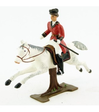 cavalière (cravache), redingote rouge, sur cheval blanc au galop (sur tronc)