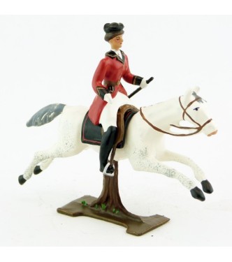 cavalière (cravache), redingote rouge, sur cheval blanc au galop (sur tronc)