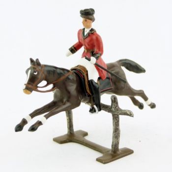 cavalière (cravache) sur cheval marron sautant barrière