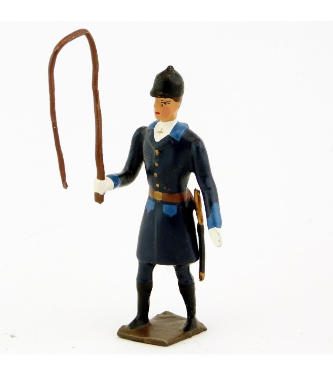 Veneur, manteau bleu Pompiers à parements bleu Gentiane, avec fouet à la main