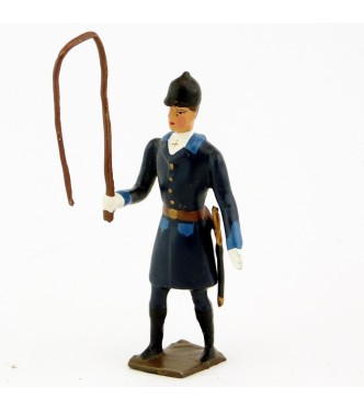 Veneur, manteau bleu Pompiers à parements bleu Gentiane, avec fouet à la main