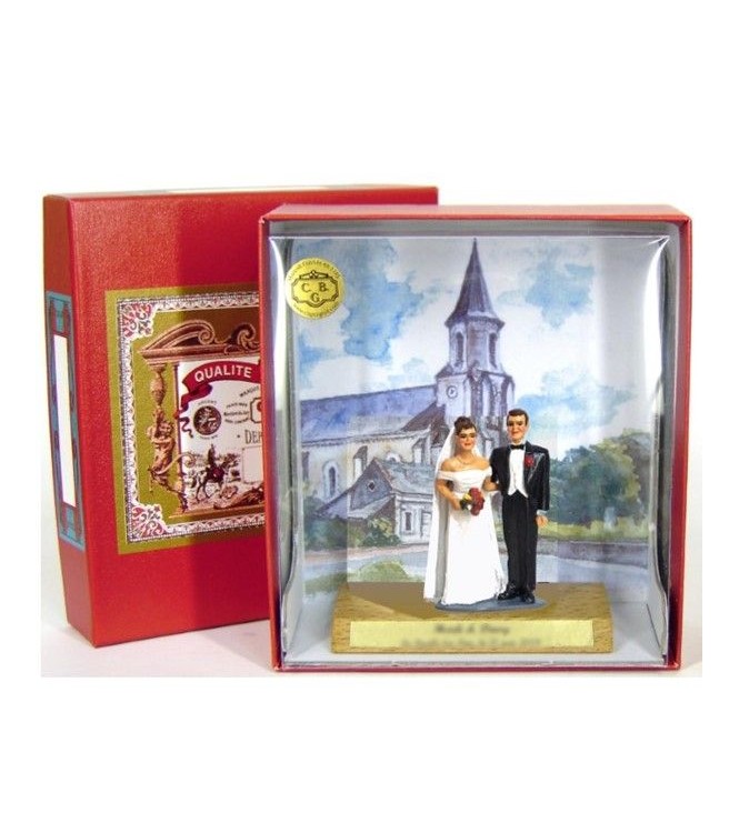 ensemble « les mariés » en coffret décoré avec socle bois