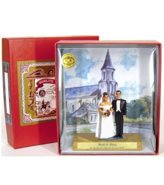 ensemble « les mariés » en coffret décoré avec socle bois