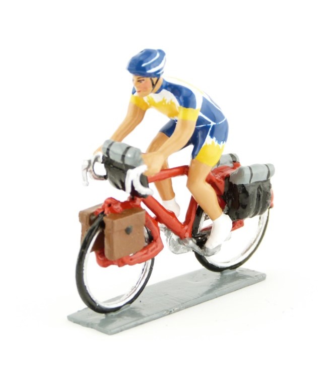 Cyclotouriste (Cyclo-randonneur), t-shirt bleu, jaune et blanc