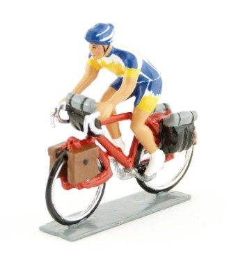 Cyclotouriste (Cyclo-randonneur), t-shirt bleu, jaune et blanc