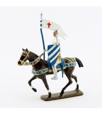 porte-étendard des croisés à cheval, cotte argentée, surcot crème et casque poin