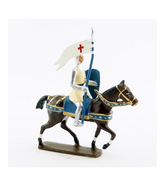 porte-étendard des croisés à cheval, cotte argentée, surcot crème et casque poin