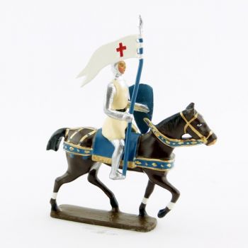 porte-étendard des croisés à cheval, cotte argentée, surcot crème et casque poin