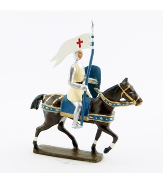 porte-étendard des croisés à cheval, cotte argentée, surcot crème et casque poin