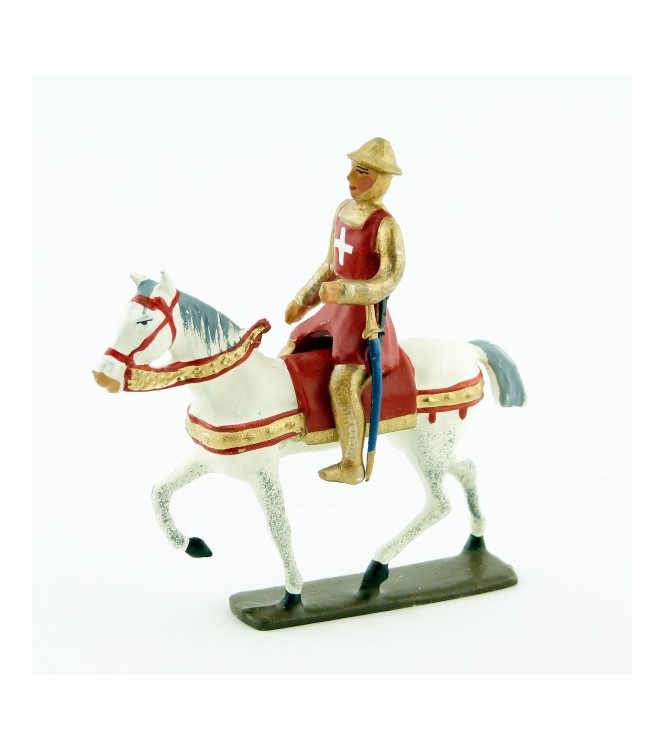 croisé à cheval, cotte dorée, surcot rouge et casque plat (ou chapel)