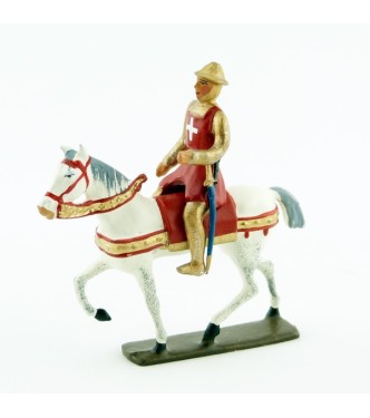 croisé à cheval, cotte dorée, surcot rouge et casque plat (ou chapel)