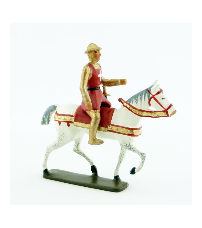 croisé à cheval, cotte dorée, surcot rouge et casque plat (ou chapel)