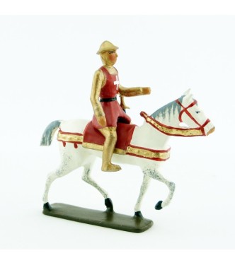 croisé à cheval, cotte dorée, surcot rouge et casque plat (ou chapel)