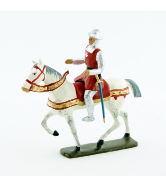 croisé à cheval, cotte argentée, surcot rouge et casque plat (ou chapel)
