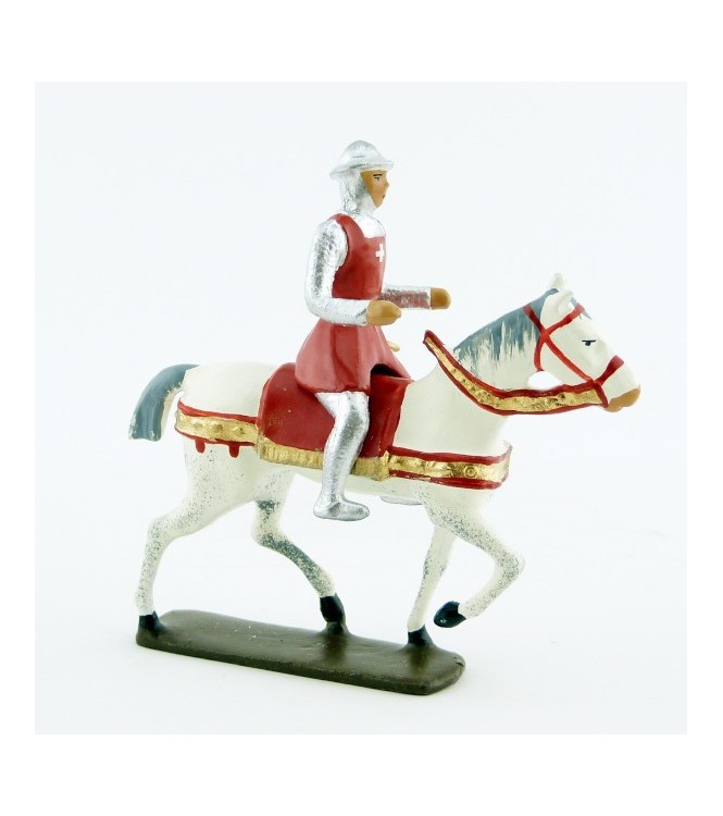 croisé à cheval, cotte argentée, surcot rouge et casque plat (ou chapel)
