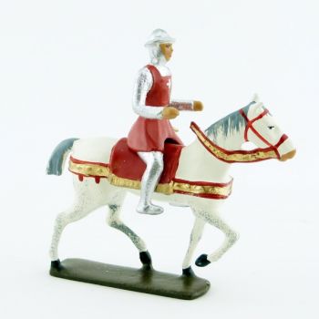 croisé à cheval, cotte argentée, surcot rouge et casque plat (ou chapel)