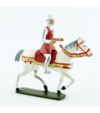 croisé à cheval, cotte argentée, surcot rouge et casque plat (ou chapel)