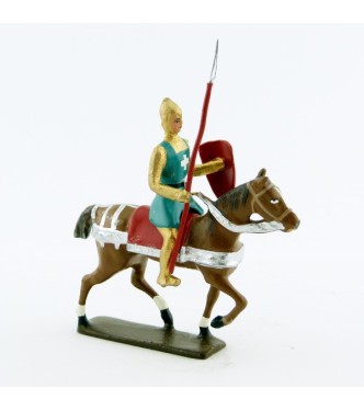 croisé à cheval avec lance, cotte dorée, surcot vert et casque pointu