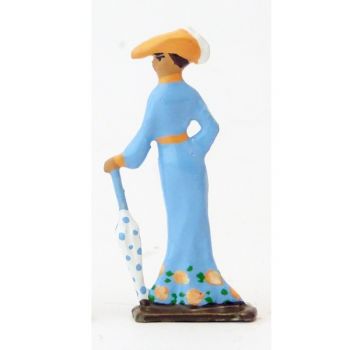 femme Belle-Epoque avec ombrelle fermée, robe bleue (demi-ronde bosse)