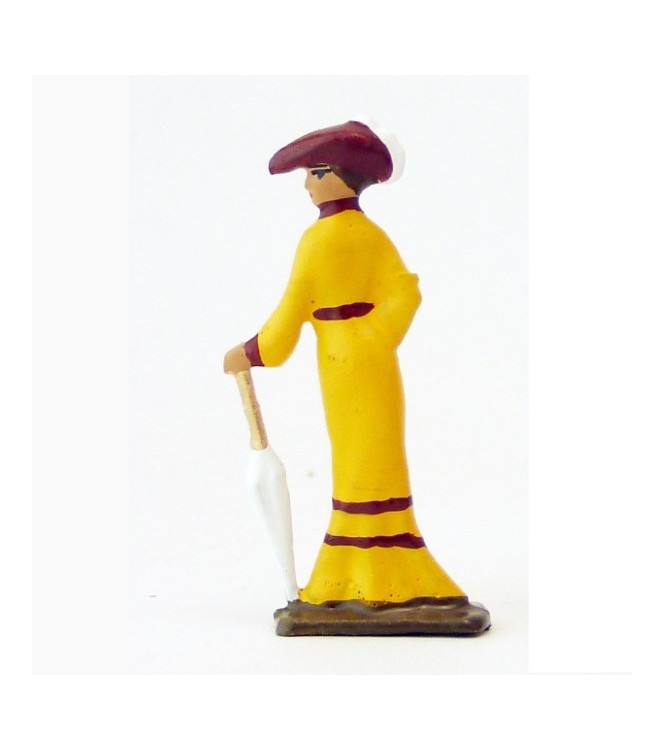 femme Belle-Epoque avec ombrelle fermée, robe jaune (demi-ronde bosse)