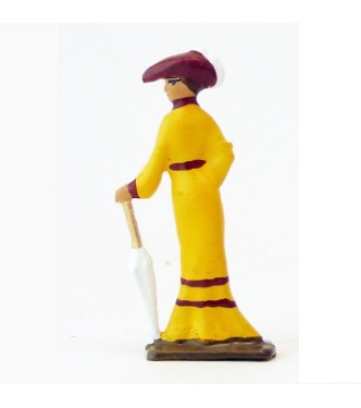 femme Belle-Epoque avec ombrelle fermée, robe jaune (demi-ronde bosse)