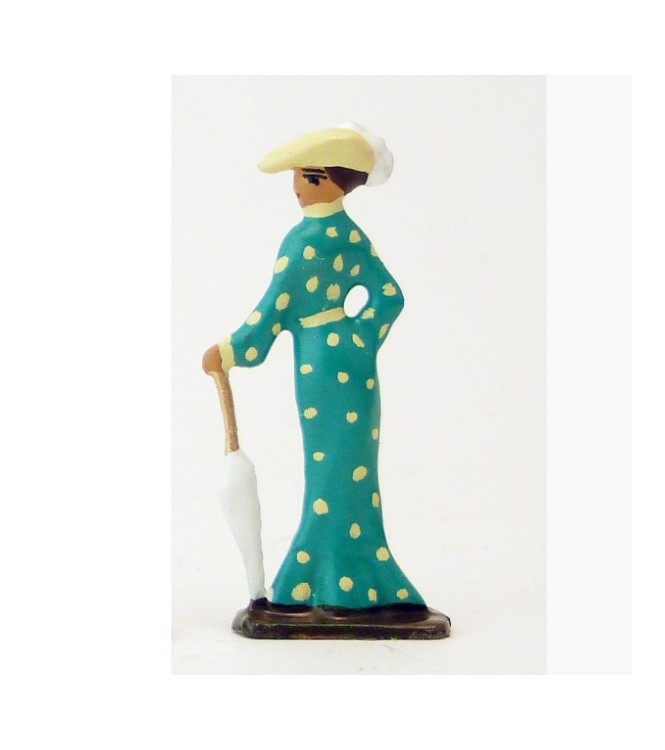 femme Belle-Epoque avec ombrelle fermée, robe verte (demi-ronde bosse)